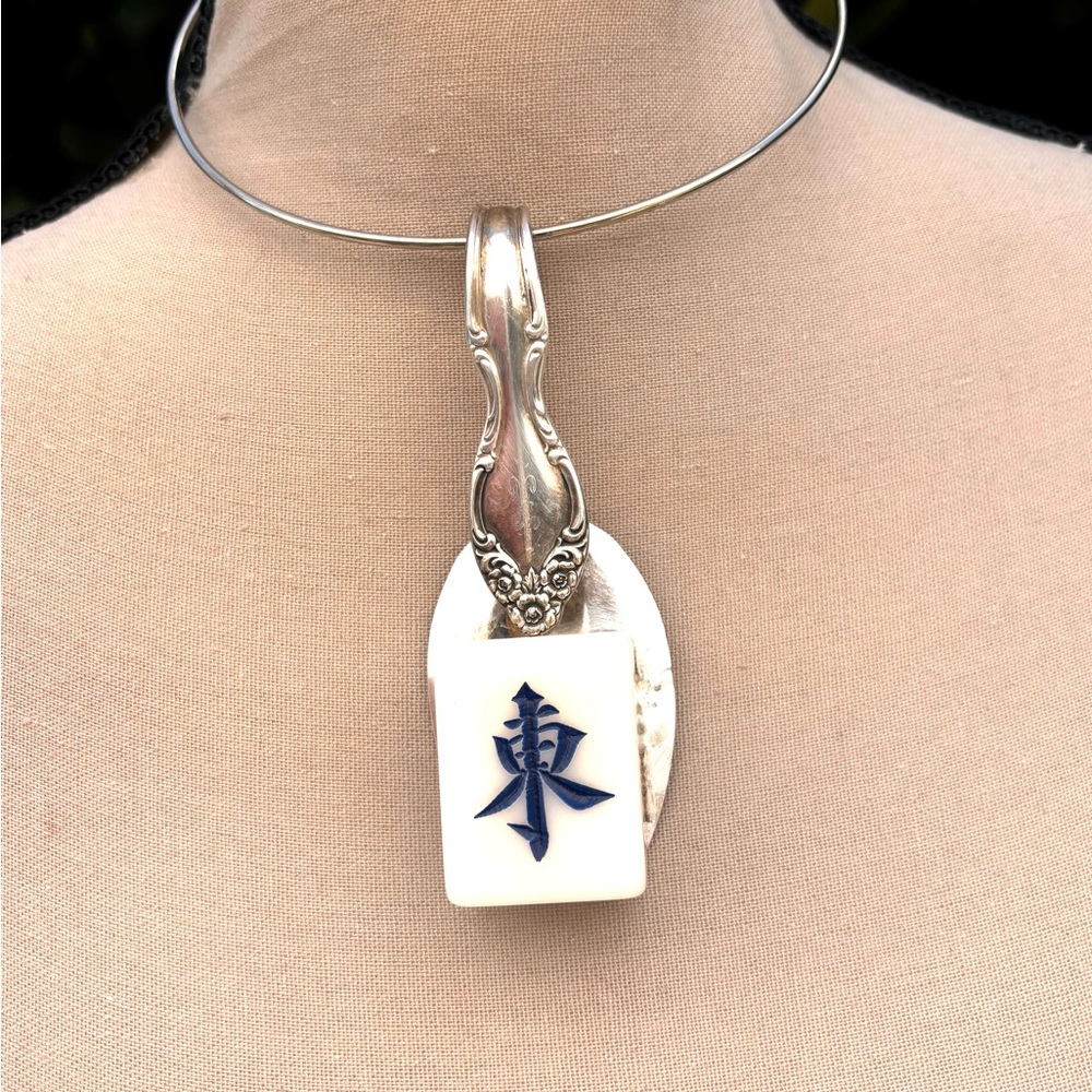 Vintage Silver-Tone Mahjong Tile Pendant Necklace with Blue Character